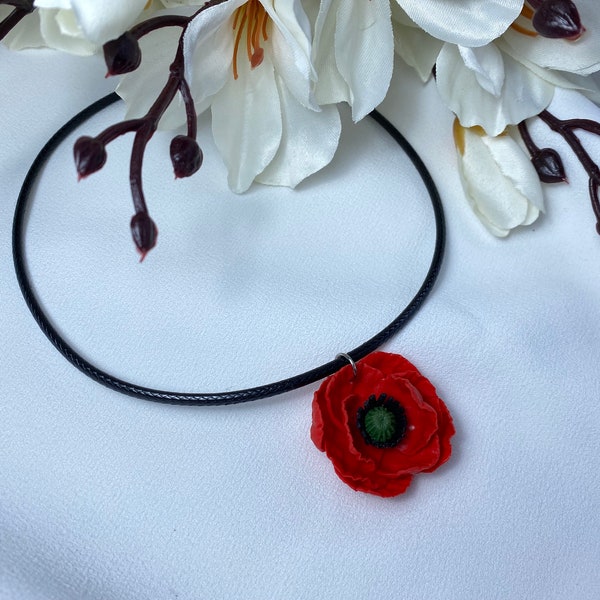 Poppy Necklace Handmade Flower Necklace Red Poppy Necklace Polymer Clay Jewelry Art Nouveau Red Necklace Long Neck Pendant Gift Idea For Her