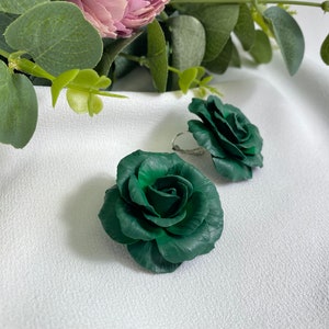 Emerald Flower Earrings Handmade Large Rose Earrings Polymer Clay Roses Jewelry For Her