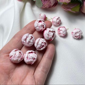Small Realistic Peony Earrings, Cute White Pink Flower Studs, Handmade Polymer Clay Jewelry, Floral Clip-on Earrings, Unique Gift For Her