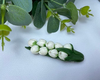 Tulips Hair Clip White Green Floral Handmade Hair Clip