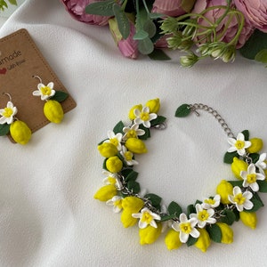 Lemon Jewelry Set Blossoming Citruses Bracelet And Earrings Handmade Fruit Garden Yellow Lemon Polymer Clay Jewelry Blooming Lemon Earrings