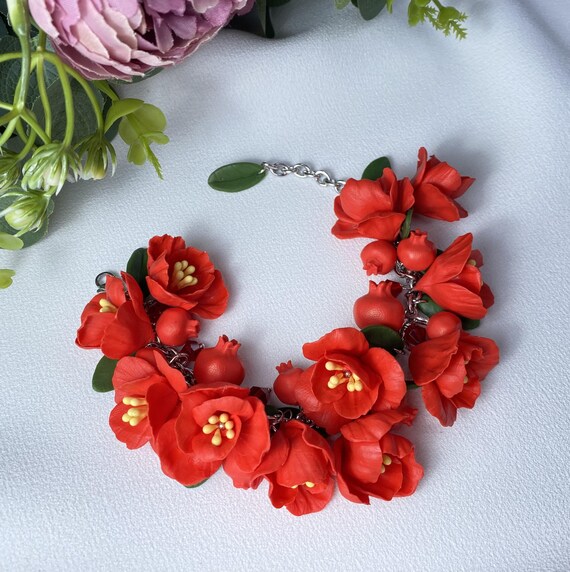 Blossoming Pomegranate Bracelet, Handmade Red Floral Jewelry