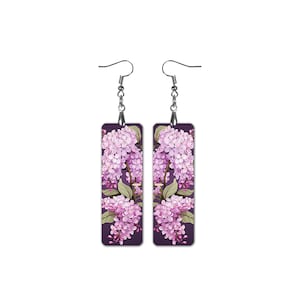 Lilac Floral Rectangular Dangle Earrings Purple Botanical Jewelry Art Nouveau Style Lightweight Handmade Clip On Earrings