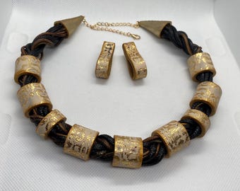Ethnic Jewelry, Necklace and Earrings Set, Polymer Clay Vintage Style Leather Effect Handmade Beige Gold and Brown Statement Jewelry Gift