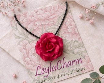 Fuchsia Rose Pendant Necklace, Handmade Polymer Clay Flower Jewelry, Romantic Floral Statement Gift