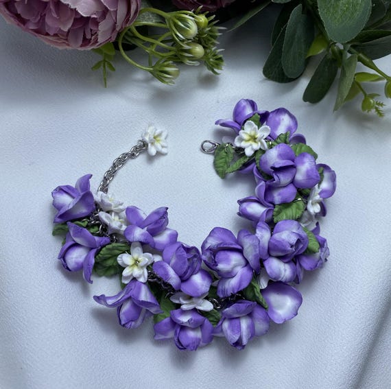 Flower Bracelet Polymer Clay, Violet Charm Floral Jewelry, Purple