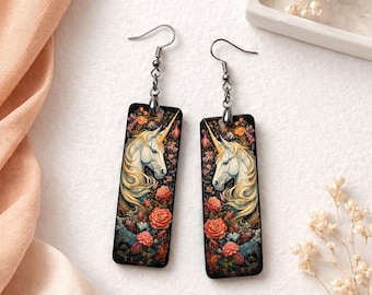 Einhorn-Ohrhänger, mystischer floraler Jugendstil-Schmuck