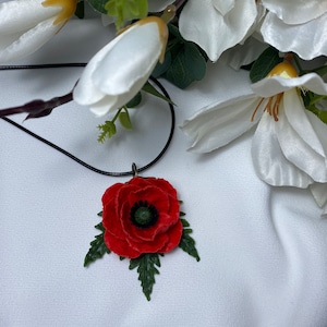 Handmade Red Poppy Necklace – Art Nouveau Polymer Clay Flower Pendant, Long Necklace Jewelry, Unique Gift for Her