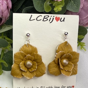 Bold Ocher Flower Dangle Earrings, Handmade Polymer Clay Clip On Earrings, Summer Statement Floral Jewelry, Gift Idea For Women