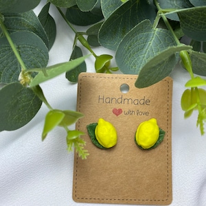 Handmade Lemon Stud Earrings, Citrus Fruit Jewelry, Garden Clip-on Earrings, Cute Botanical Yellow Lemon Earrings, Unique Gift for Her