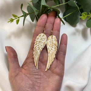 Angel Wing Dangle Earrings, Handmade Jewelry, Gold Accented Statement Earrings, Lightweight Polymer Clay Jewelry, Unique Gift Idea for Her