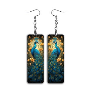 Blue Peacock Dangle Earrings, Cute Art Nouveau Bird Jewelry, Peacocks and Flowers Clip-On Earrings, Handmade Gift for Her