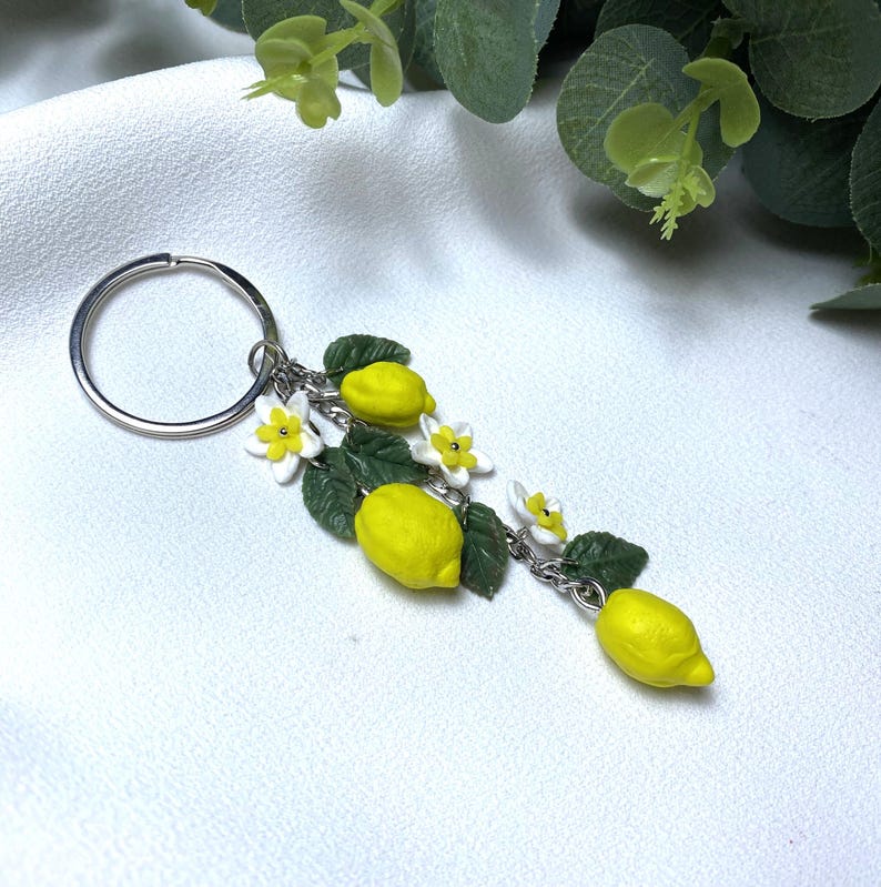 Lemon Keychain Polymer Clay, Handmade Citrus Fruit Key Ring With ...