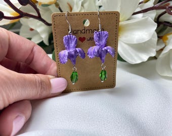 Purple Iris Earrings, Handmade Polymer Clay Irises Dangle Earrings, Irises Flower Jewelry, Iris Clip-on Earrings Gift Idea for Her
