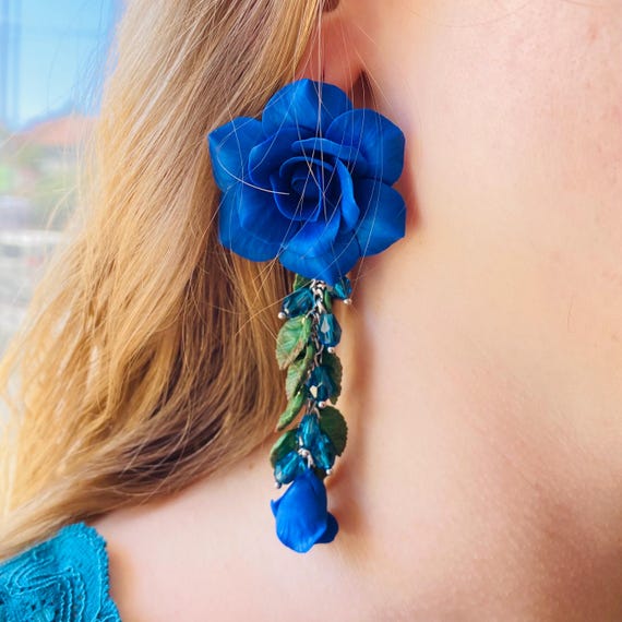 Blue Rose Dangle Earrings, Handmade Floral Drop Earrings, Polymer