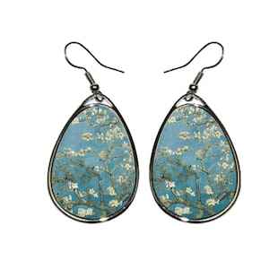 Mandelblüte Baumeln Ohrringe, Vincent Van Gogh Kunst Schmuck, Handgemachte Vintage Stil Blau Weiß Blumen Ohrclips, nettes Geschenk für Sie