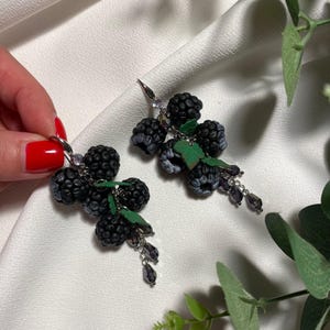 Handmade Blackberry Clip-On Earrings, Realistic Berry Dangle Drop Earrings, Garden Berry Jewelry,  Unique Gift for Her