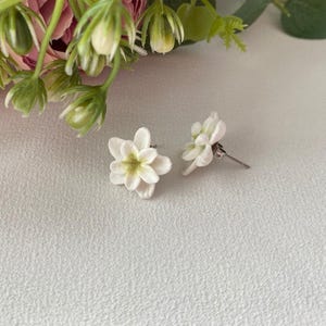 Handmade Apple Blossom Stud Earrings, White Mini Floral Earrings, Polymer Clay Flowers, Cute Jewelry Gift For Her