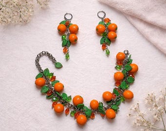 Parure de bijoux orange, bracelet et boucles d'oreilles en pâte polymère, bijoux botaniques agrumes