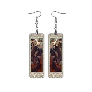 Evening Star Earrings Mucha Art Nouveau Jewelry, Moon and Stars Dangle Earrings, Celestial Gift for Her, Lightweight Clip On Earrings