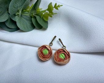 Beige Floral Dangle Earrings Handmade Polymer Clay Jewelry For Her