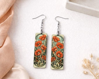 Floral Dangle Earrings, Red Poppy Flower Jewelry, Art Nouveau Botanical Design, Vintage Gift for Her