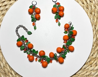 Oranges Bracelet & Drop Dangle Earrings, Citrus Fruit Handmade Polymer Clay Jewelry, Cute Botanical Accessories, Unique Summer Gift For Her