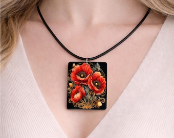 Red Poppy Pendant Necklace, Art Nouveau Floral Statement Jewelry