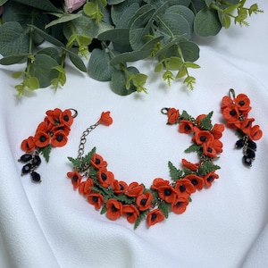 Red Poppy Jewelry Set, Polymer Clay Bracelet and Dangle Earrings, Handmade Floral Gift for Her, Lightweight Statement Botanical Accessories