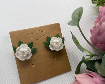 Peony Stud Earrings Small White Peonies Clip-on Earrings Floral Handmade Polymer Clay Jewelry For Her