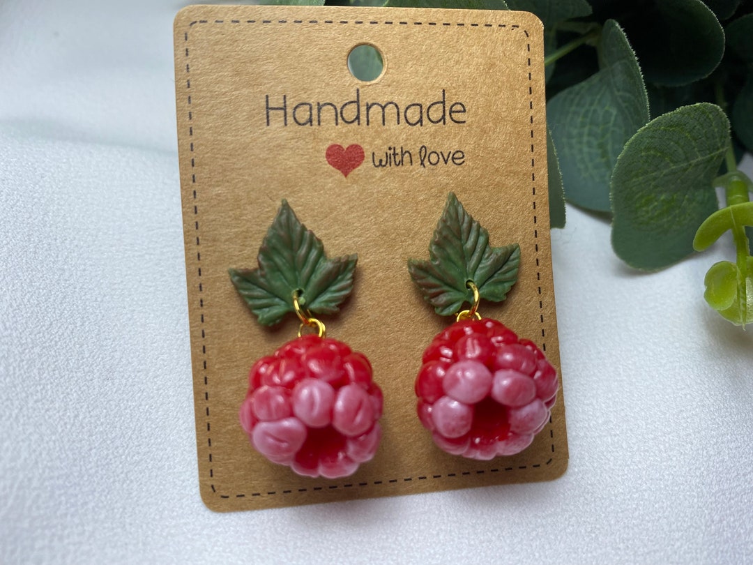 Raspberries Earrings Red Berry Dangle Small Handmade Polymer Clay