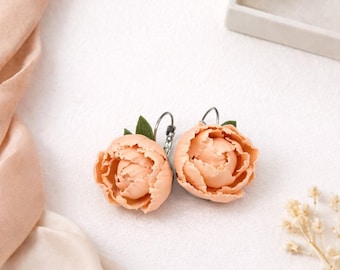 Powder Pink Peony Earrings Romantic Floral Dangle Polymer Clay Jewelry