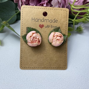 Handmade Peony Stud Earrings, Powder Pink Flower Jewelry, Cute Clip-on Peony Earrings, Floral Polymer Clay Studs, Unique Gift for Her