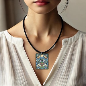 William Morris Blue Strawberry Thief Pendant Necklace, Bird and Floral Art Jewelry, Art Nouveau Gift for Her, Botanical Statement Necklace