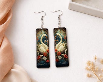 Swan Dangle Earrings Art Nouveau Floral Bird Handmade Jewelry Romantic Gift for Her
