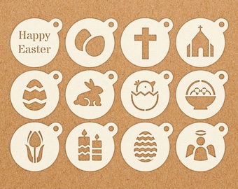 Easter Coffee Duster Stencils for Latte, Cappuccino, Hot Chocolate, Tea, Barista, Bunny, Egg, Spring - Reusable Washable Mylar Stencils
