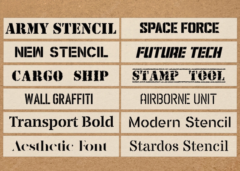 May include: A series of rectangular labels with black text on a beige background. The labels feature phrases such as "ARMY STENCIL," "SPACE FORCE," and "FUTURE TECH." The font is bold and stencil-style.