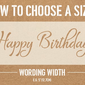 May include: A beige stencil with the words "Happy Birthday" in a cursive font. The stencil is set against a brown background. The text "HOW TO CHOOSE A SIZE?" is at the top. The wording width is 12.7cm.