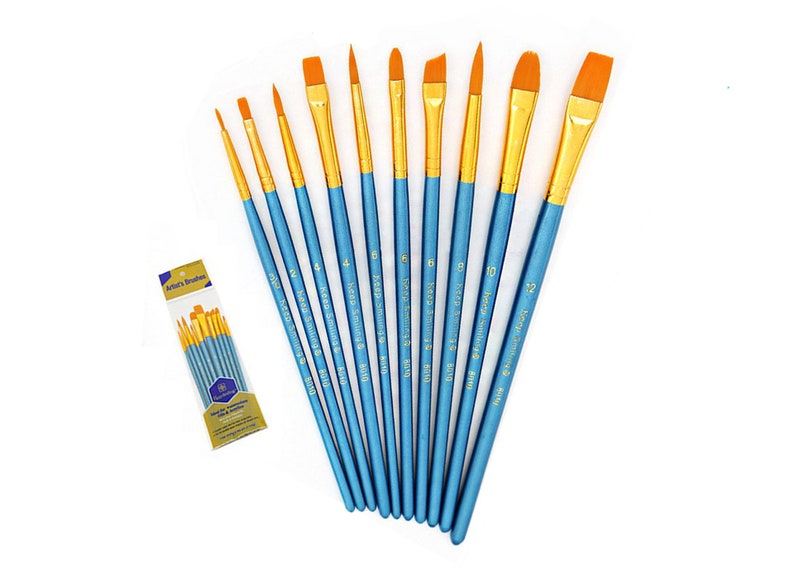 May include: Set of 10 blue and gold paint brushes with sizes 2, 4, 6, 6, 8, 10, and 12. The brushes are labeled "Keep Smiling" and "Artist's Brushes".