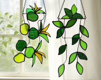 Window hanging Plants suncatcher,stained glass plants hanging,wall window plant decor plant suncatcher fake plants,gifts for plant lovers