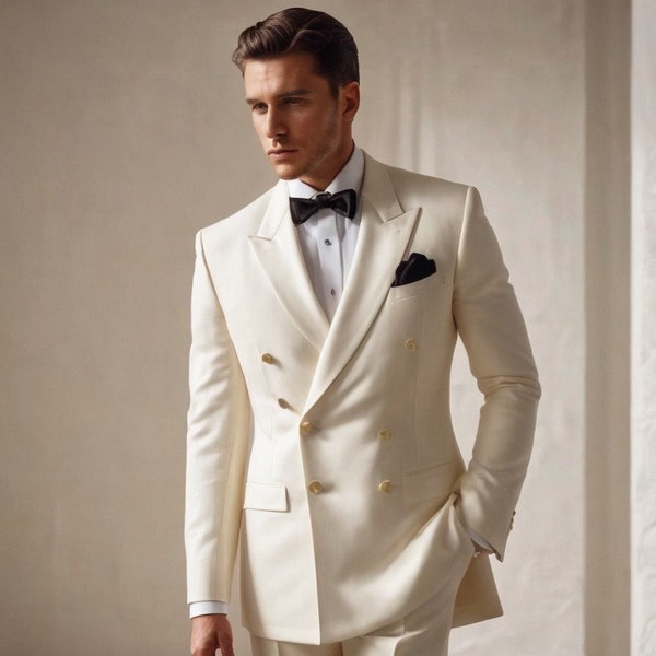 Classic off white double breasted suit for wedding, Men’s bespoke suit for wedding, prom suits for men
