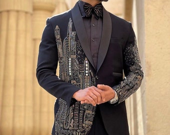 Black Hand Embroidered Tuxedo Set Wedding Suit Wedding Suit - Etsy