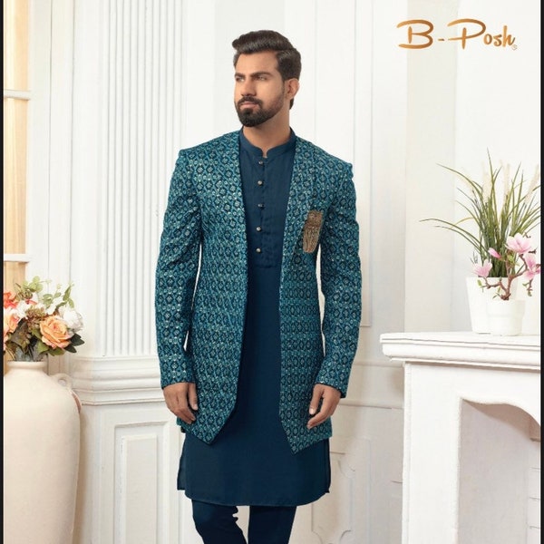 Navy blue teal kurta jacket set, Bandhgala suit for men, Indian wedding dress, Front open Indowestern for men Groom dress for Indian wedding