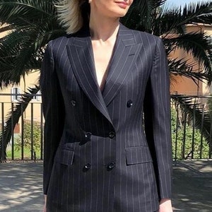 Black Women Double Breasted Two Piece Suit, Black Pin Stripe 2 Piece ...