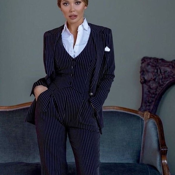 Blue women three piece suit, Navy blue pin stripe 3 piece suit for women, formal suit for women, custom three piece formal suit for women