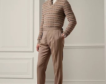 Pantalon de costume beige inspiré de CANALI pour homme, pantalon de costume réglable sur le côté pour homme, pantalon plissé beige pour homme.