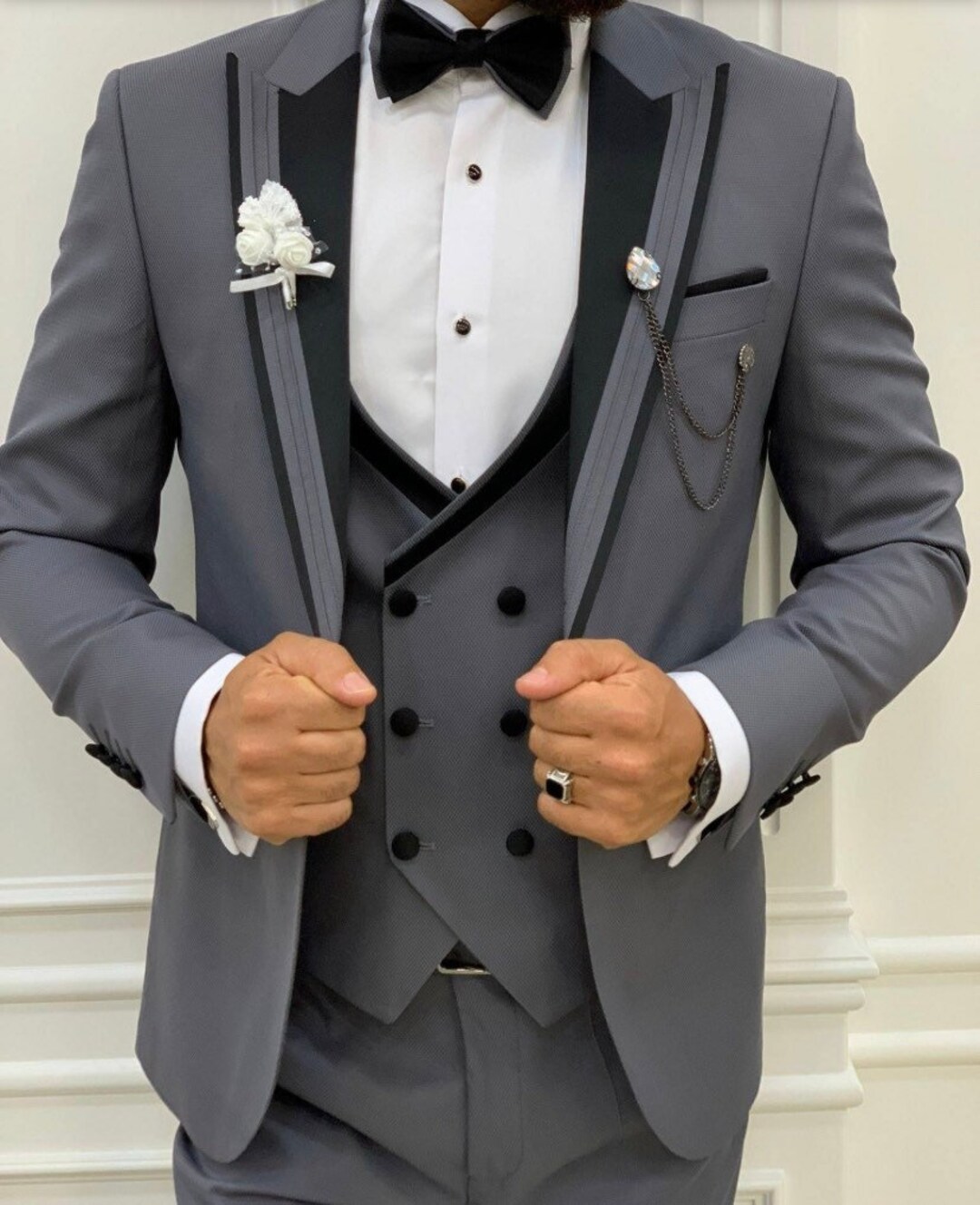 Men's Two Toned Lapel  Solid Tuxedo Suit Grey