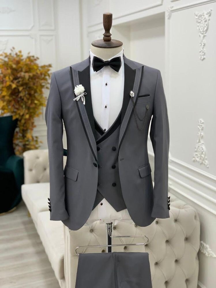 Men'S Grey ~ Gray Slim Cut 2 Button Trimmed Lapel Tuxedo Jacket main image 1