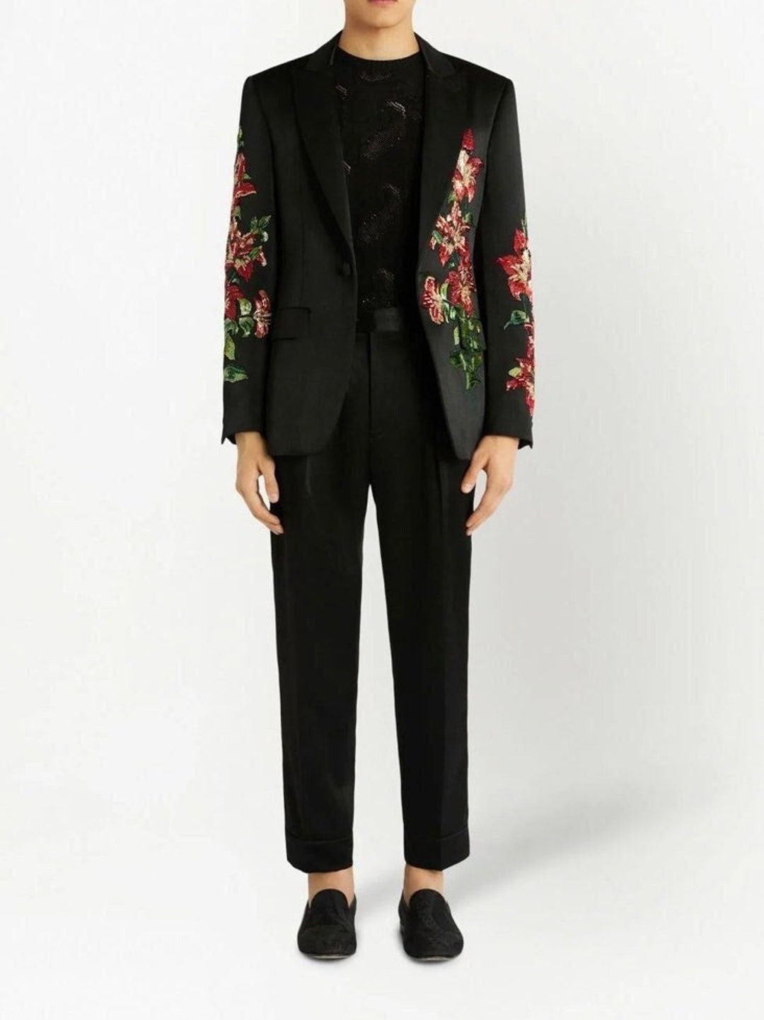 Black Floral Embroidered Tuxedo Jacket Etsy