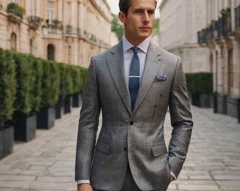 Gray Prince of wales checks suit for men, Formal suit for men, wedding suit for men, Vintage office suits for men